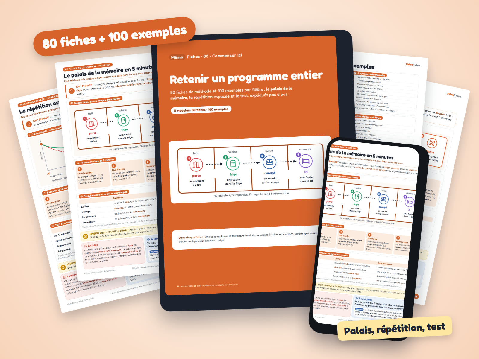 MémoFiches : la couverture sur une tablette, une fiche sur un téléphone et plusieurs fiches autour
